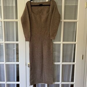 Knit off the shoulder dress with back cut outs. Full length